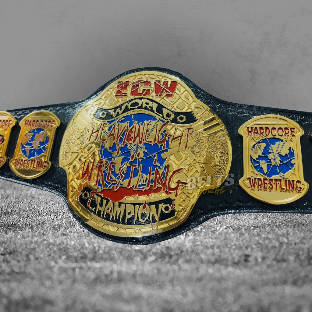 ECW World Heavyweight Championship Belt angled display view showing gold ECW plates and genuine leather strap profile