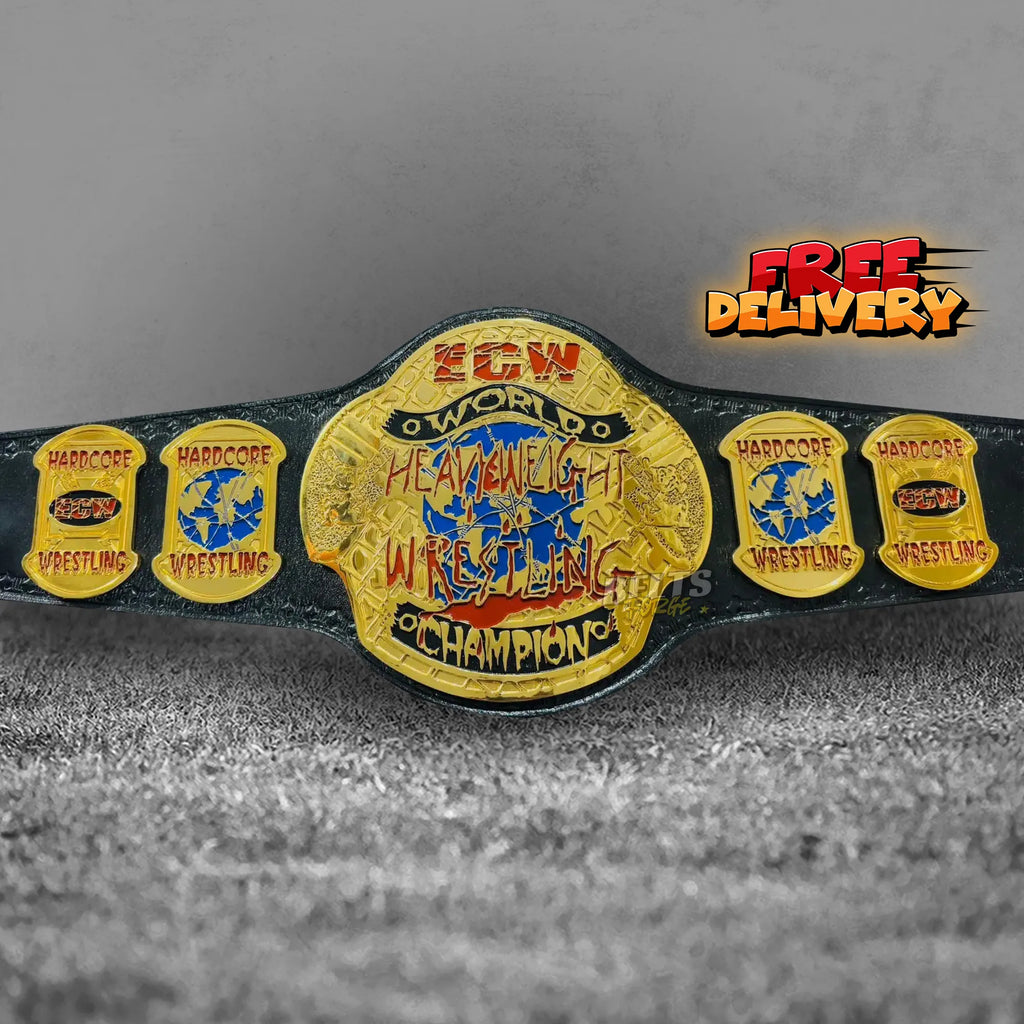 ECW World Heavyweight Championship Belt replica front view, gold-plated brass ECW shield main plate on genuine black leather strap by Belts Forge
