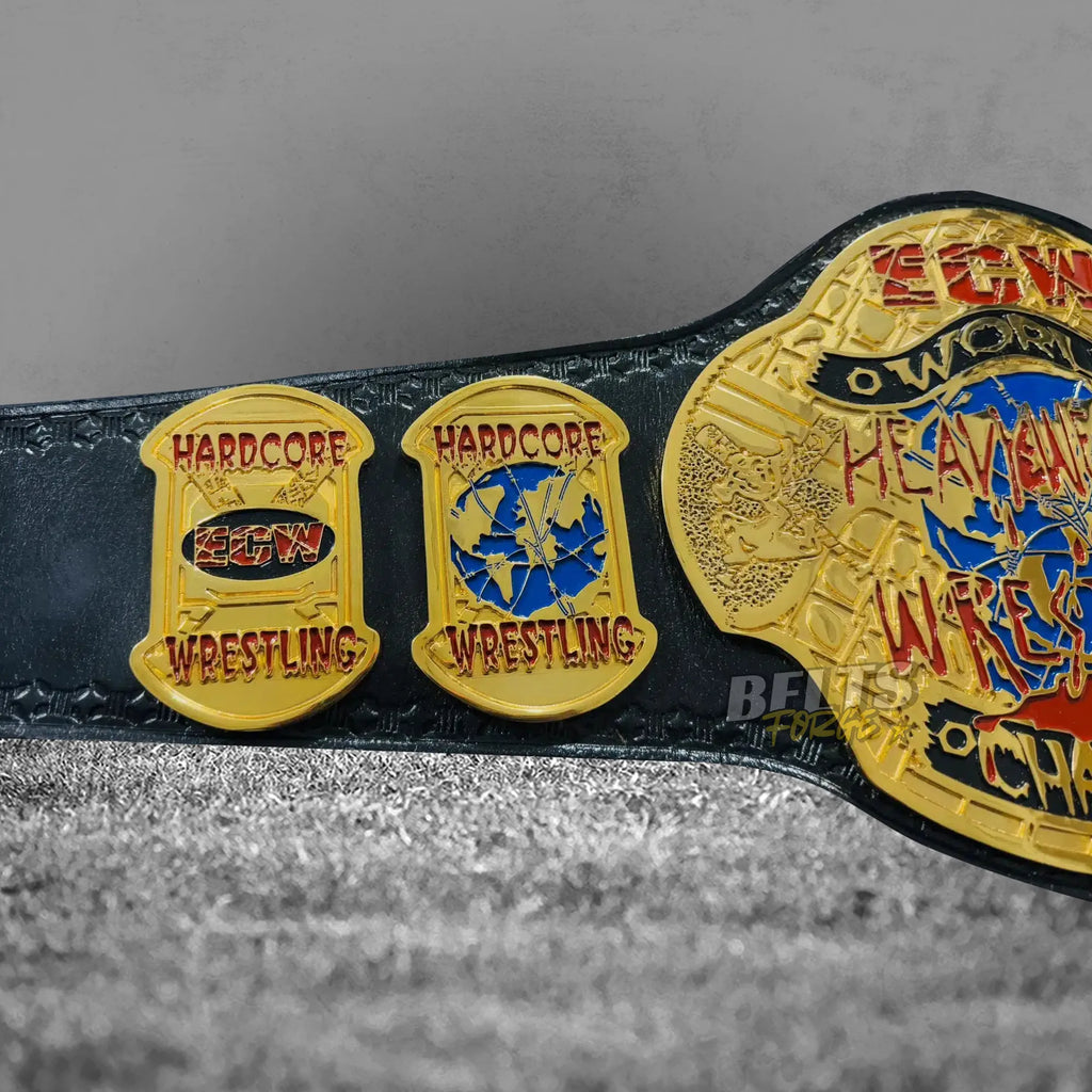 ECW World Heavyweight Championship Belt full front view showing complete gold-plated brass plates on black leather strap