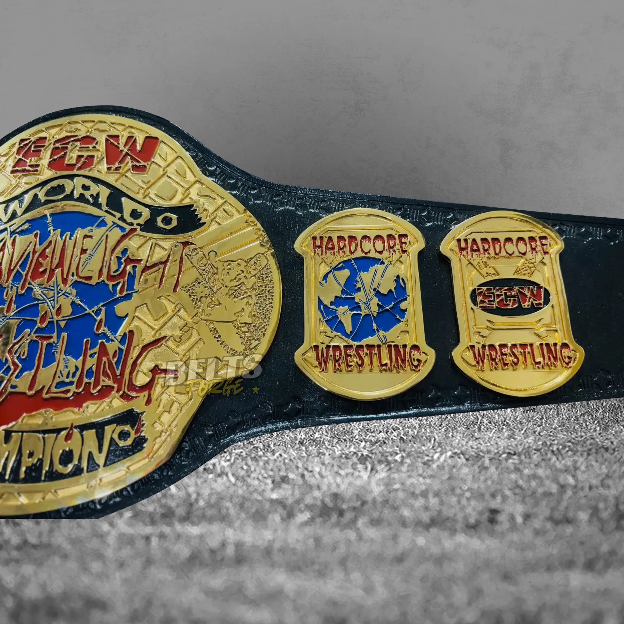 ECW World Heavyweight Championship Belt side plates detail showing gold-plated brass ECW side plates on genuine leather strap