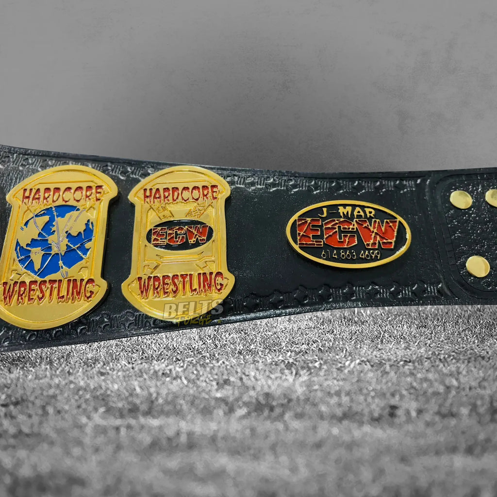 ECW World Heavyweight Championship Belt strap and plates alternate detail showing gold hardware and ECW plate arrangement