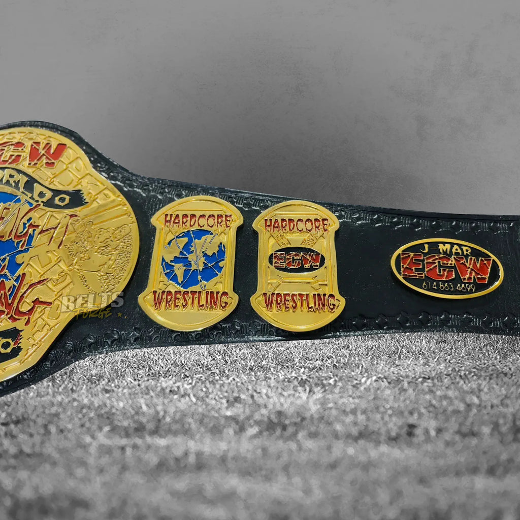 ECW World Heavyweight Championship Belt strap plates detail showing gold-plated ECW brass plates and black leather strap