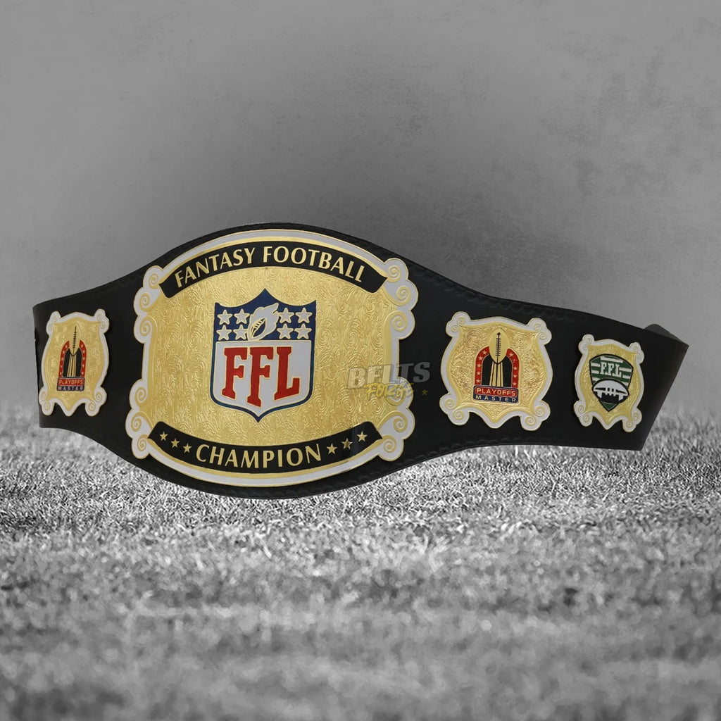 Fantasy Football League Champion Belt angled display view showing gold-plated brass plates and genuine leather strap profile