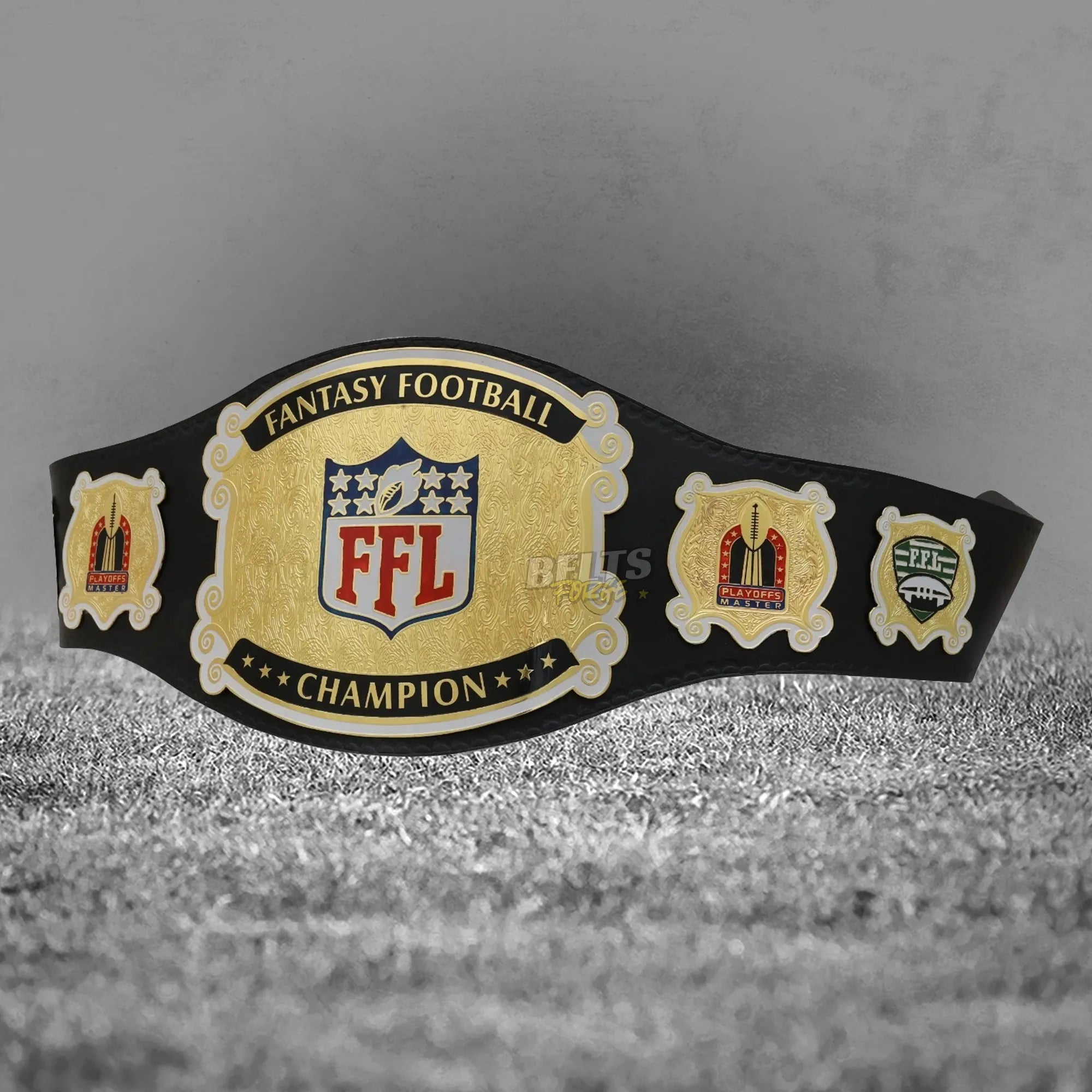 Fantasy Football League Champion Belt angled display view showing gold-plated brass plates and genuine leather strap profile