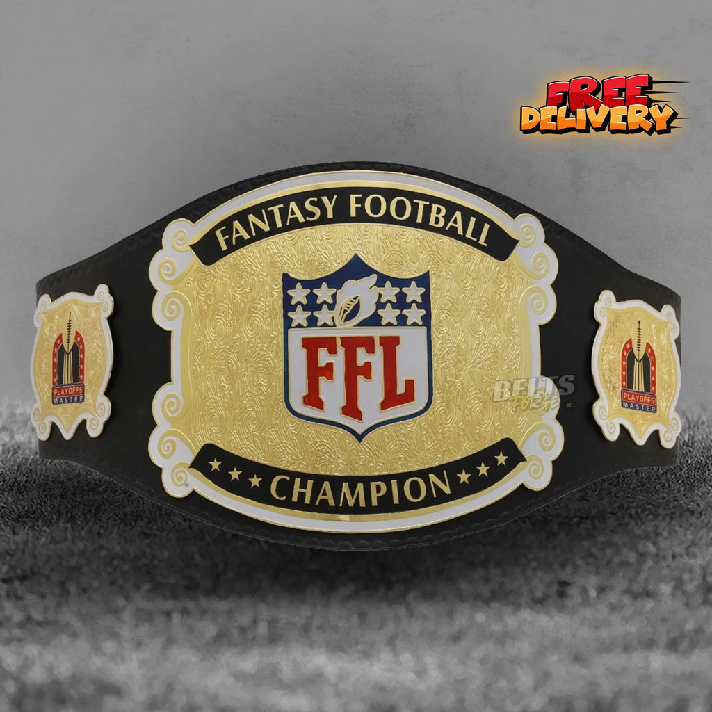 Fantasy Football League Champion Belt front view, gold-plated brass football champion main plate on genuine black leather strap by Belts Forge