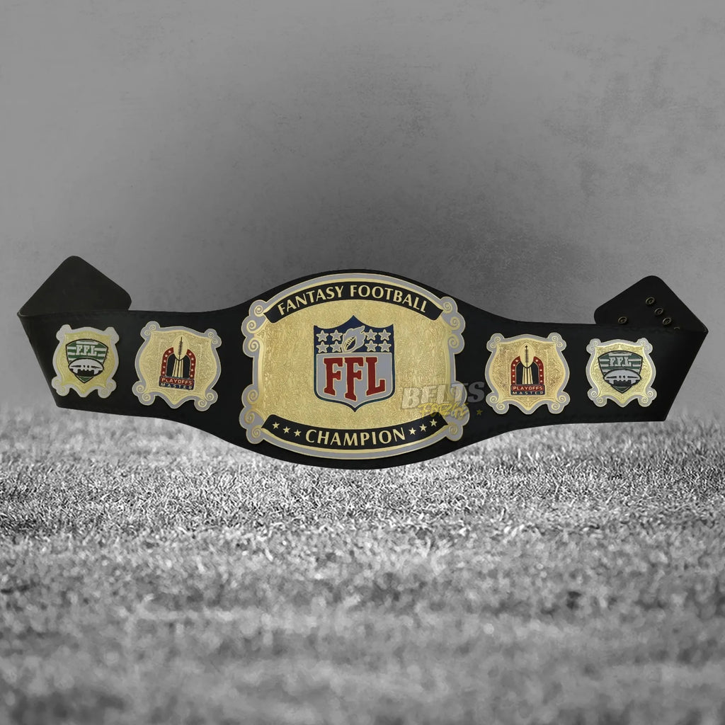 Fantasy Football League Champion Belt full display view showing complete gold-plated brass plate arrangement on black leather strap