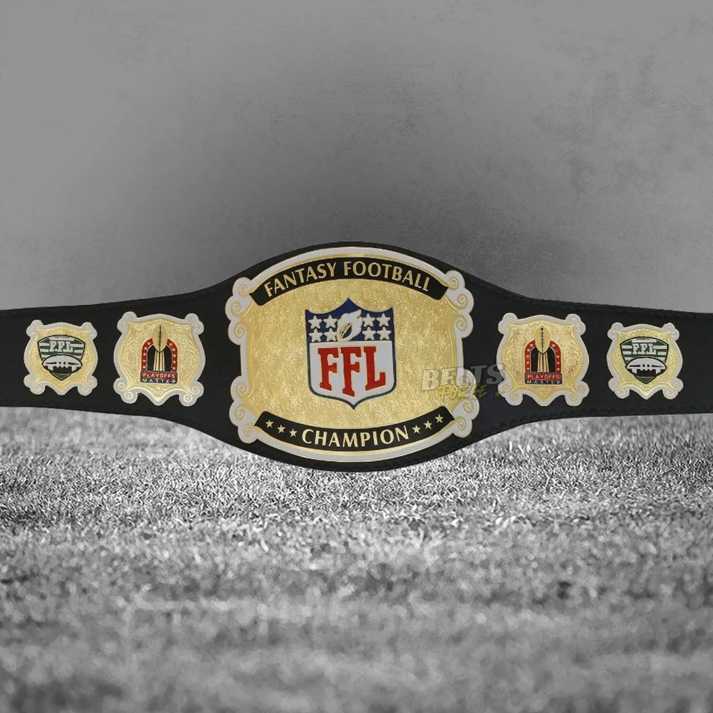 Fantasy Football League Champion Belt full front view showing gold-plated brass main plate and matching side plates on leather strap