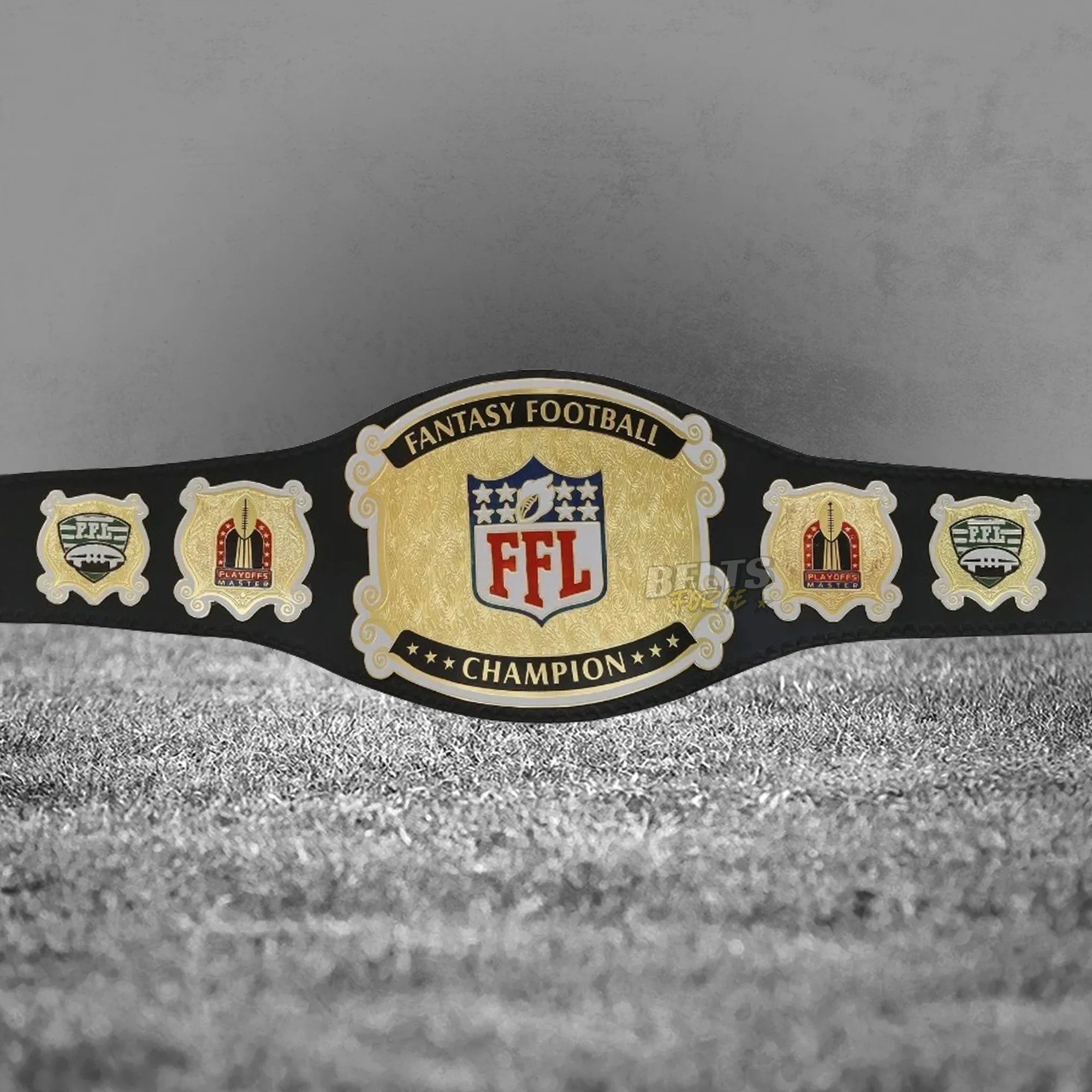 Fantasy Football League Champion Belt full front view showing gold-plated brass main plate and matching side plates on leather strap