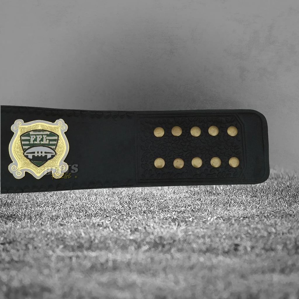 Fantasy Football League Champion Belt strap and side plate detail showing gold-plated brass side plate and genuine leather strap close-up