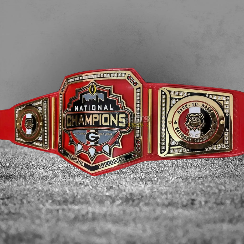 Georgia Bulldogs championship belt front view with right side plate showing 2022 championship detail on gold-plated brass