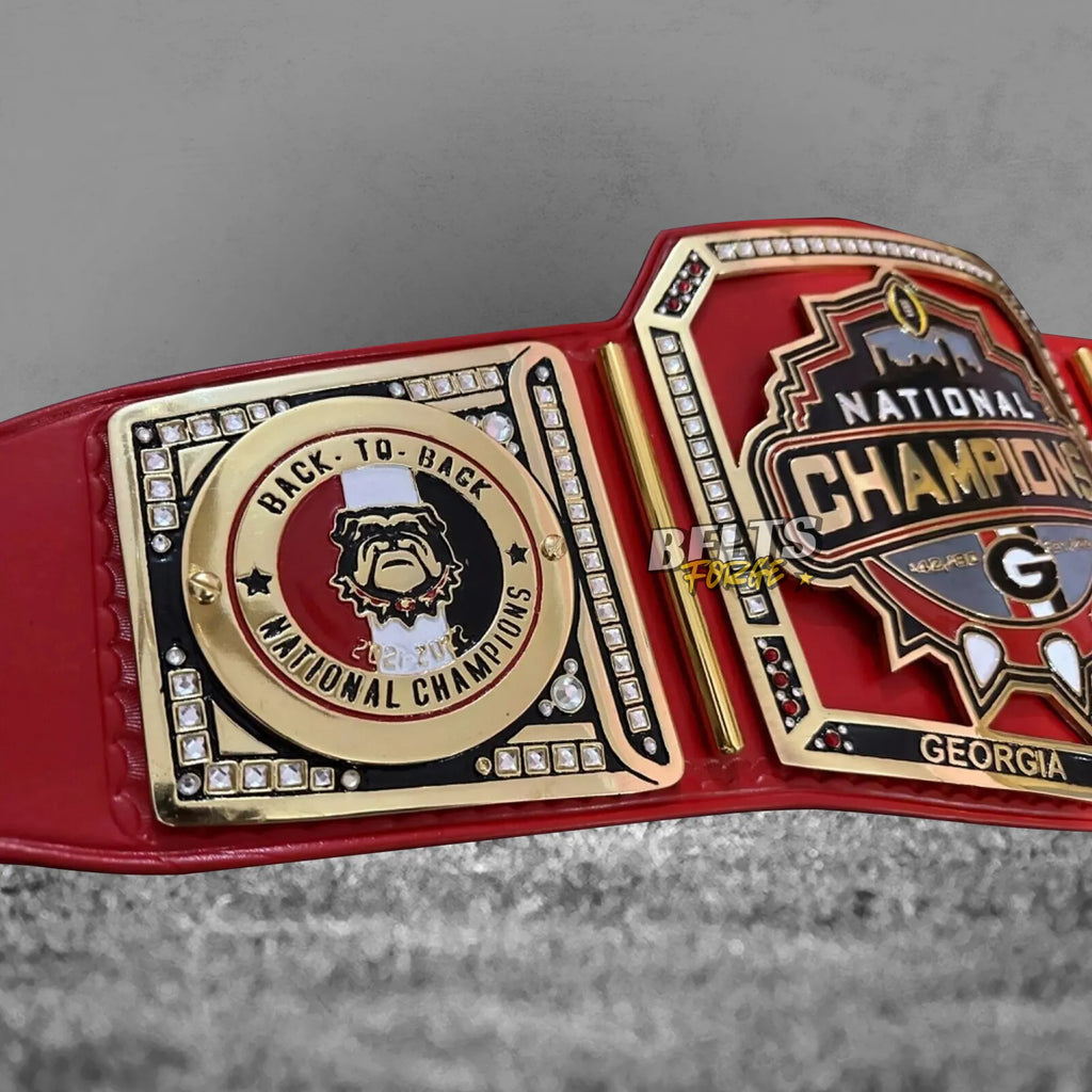 Georgia Bulldogs championship belt left plate and center angled view showing gold-plated brass plate arrangement