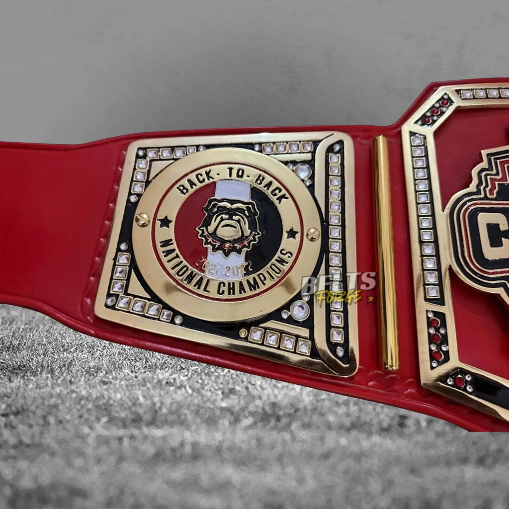 Georgia Bulldogs championship belt left side plate close-up showing 2021 championship detail on gold-plated brass