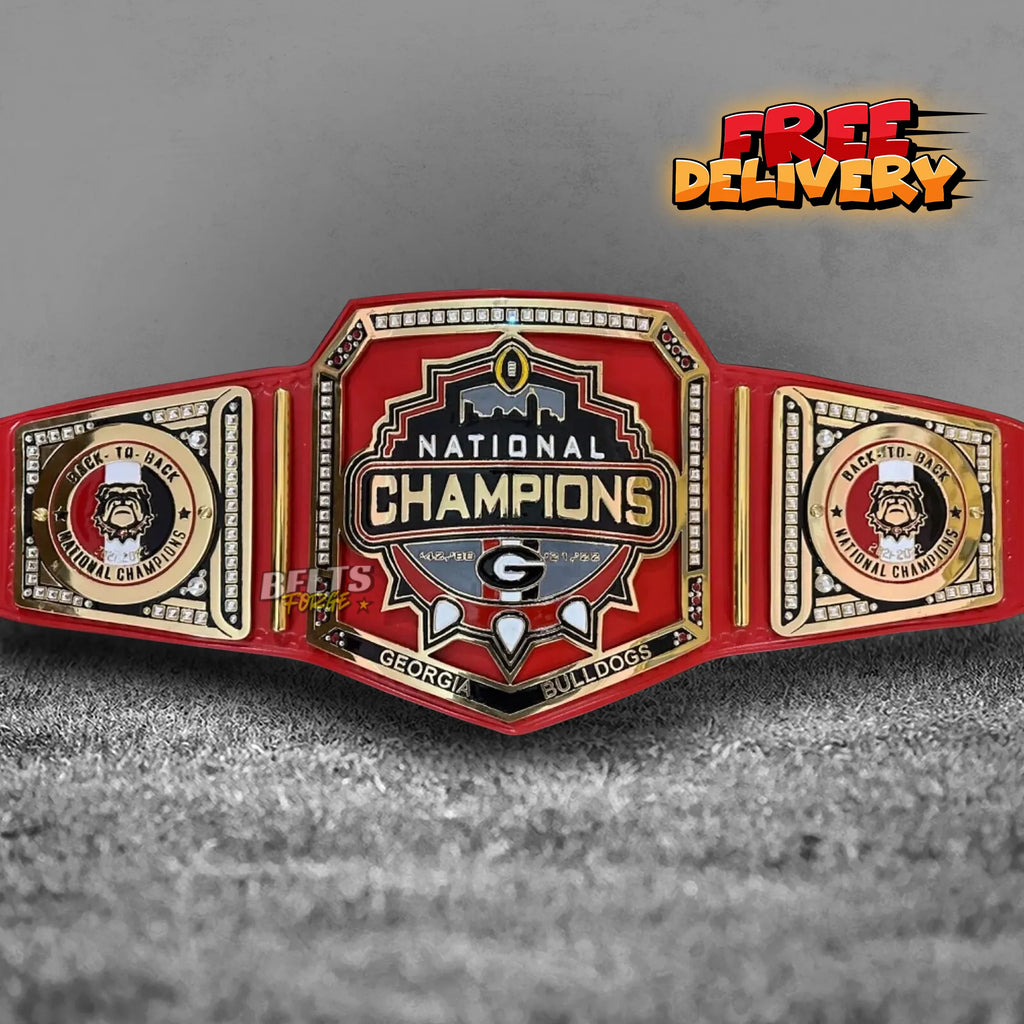 Georgia Bulldogs Back to Back National Champions Football Belt promotional front view, gold-plated brass plates on genuine leather strap by Belts Forge