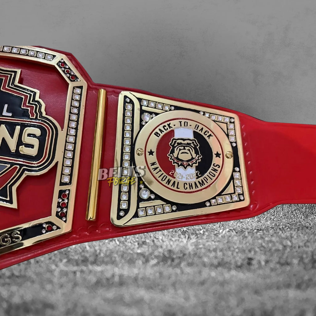 Georgia Bulldogs championship belt right side plate close-up showing 2022 championship engraving on gold-plated brass
