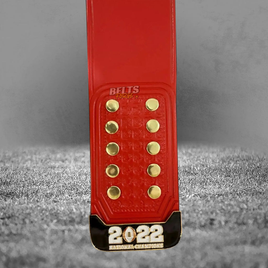 Georgia Bulldogs championship belt strap end tip detail showing 2022 engraving and genuine leather strap close-up