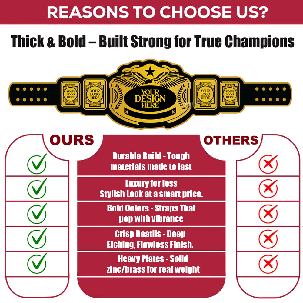 High quality heavyweight award belt thickness comparison guide showing 2mm, 4mm and 6mm plate depth options for team and event awards