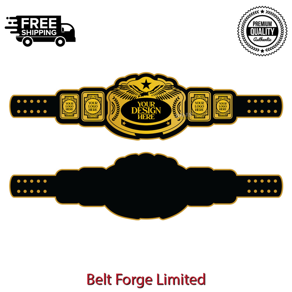 High quality heavyweight award belt hero shot, gold-plated brass medallion main plate on genuine black leather strap by Belts Forge