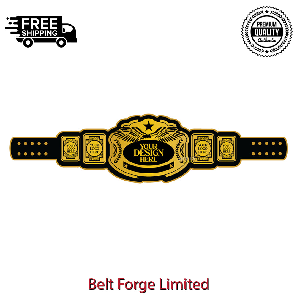 High quality heavyweight award belt front view showing gold-plated medallion main plate and side plates on genuine leather strap