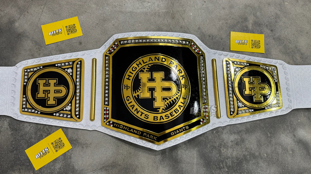 Highland Park Giants Baseball Championship Belt front view, gold-plated brass main plate on genuine black leather strap