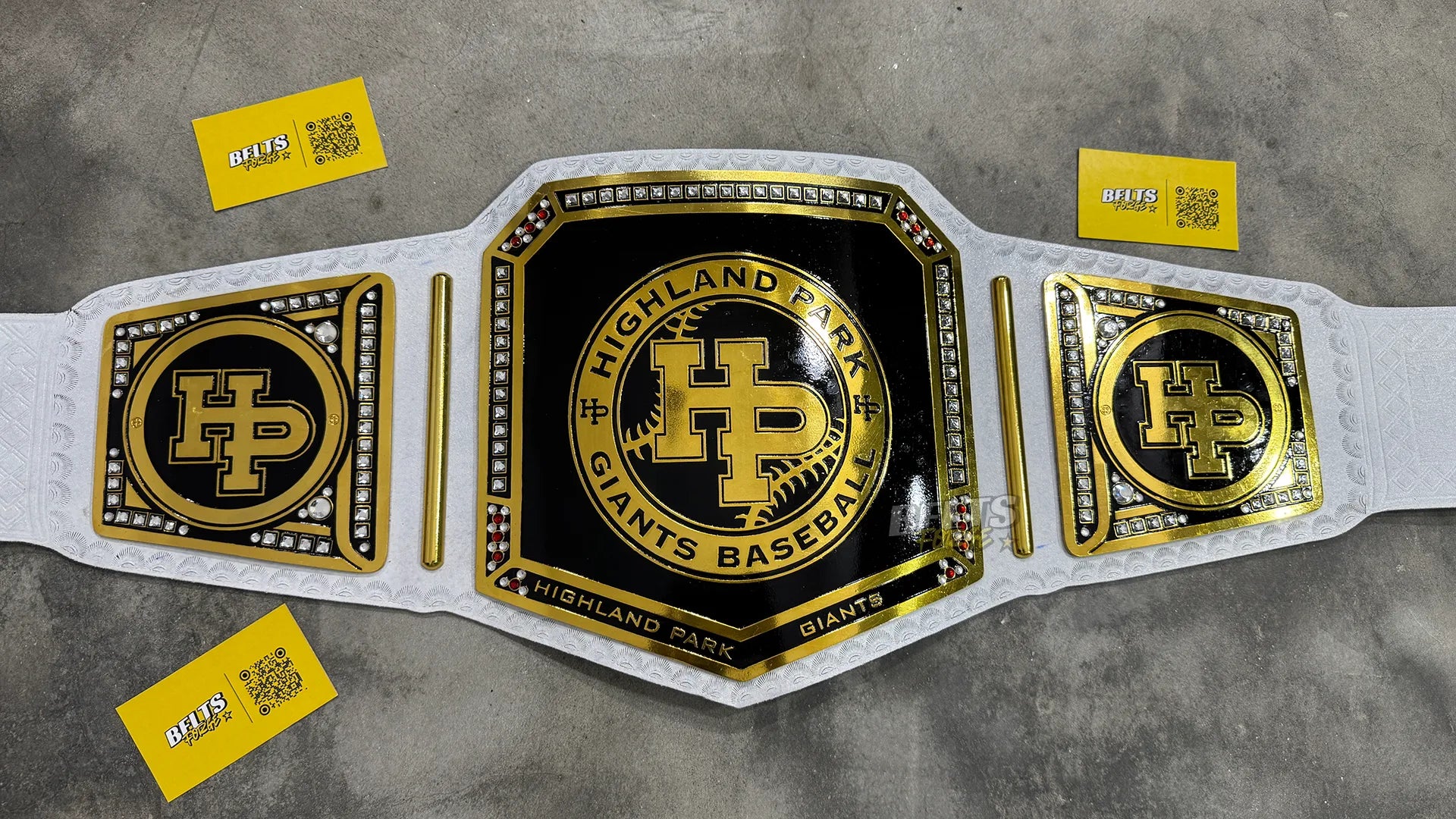 Highland Park Giants Baseball Championship Belt front view, gold-plated brass main plate on genuine black leather strap