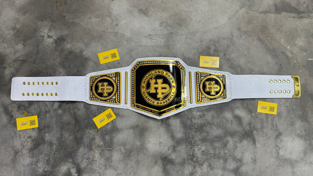 Highland Park Giants Baseball Championship Belt full flat lay display view showing complete gold-plated plates on leather strap