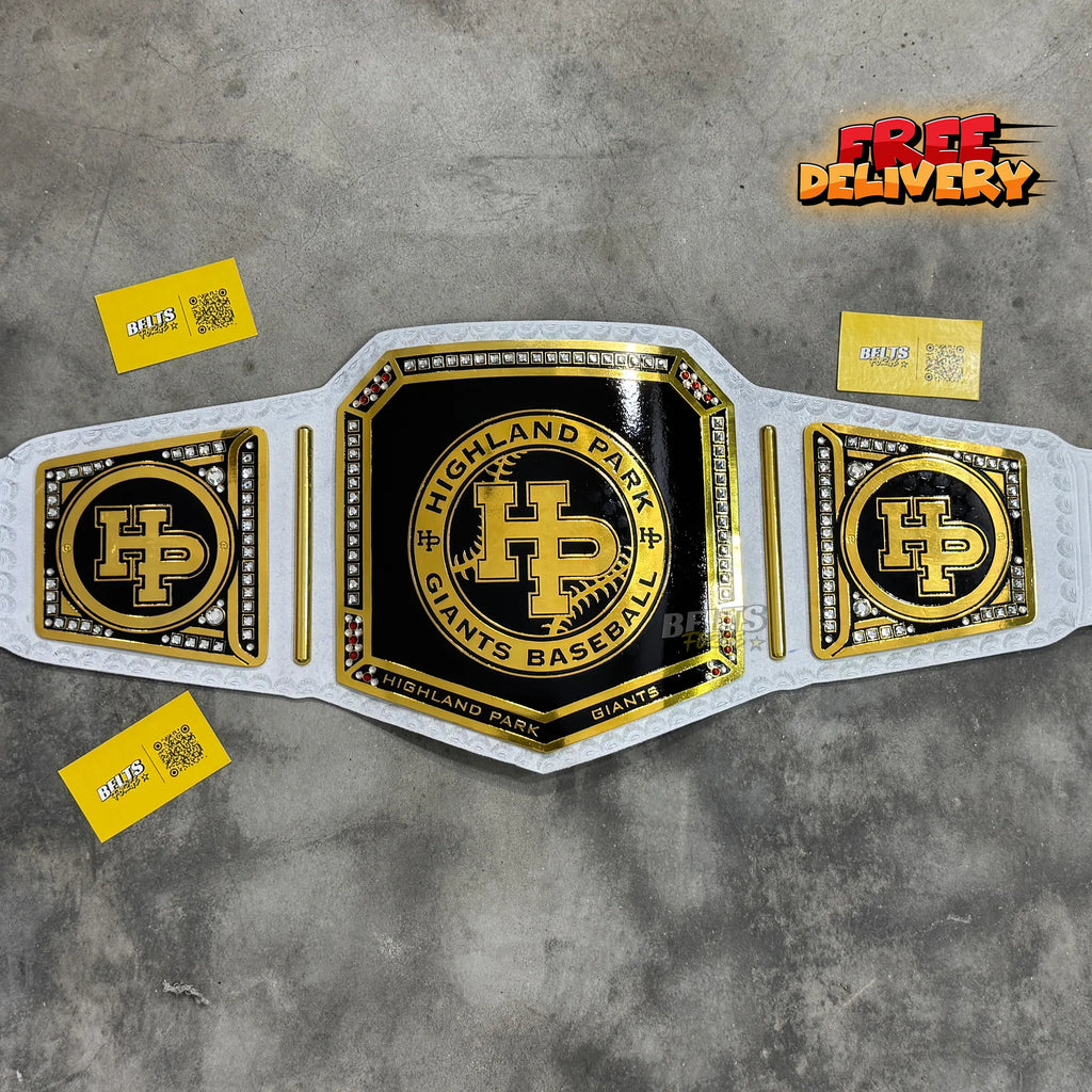 Highland Park Giants Baseball Championship Belt promotional front view, gold-plated brass plates on genuine leather strap by Belts Forge