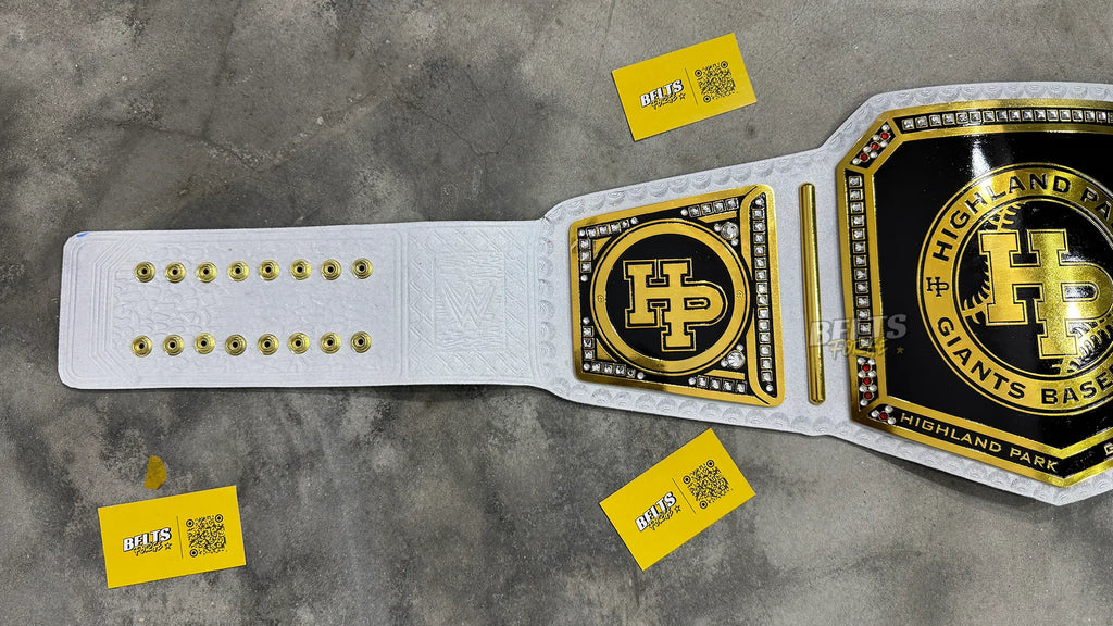 Highland Park Giants Baseball Championship Belt strap rivet detail showing gold hardware on genuine leather strap close-up