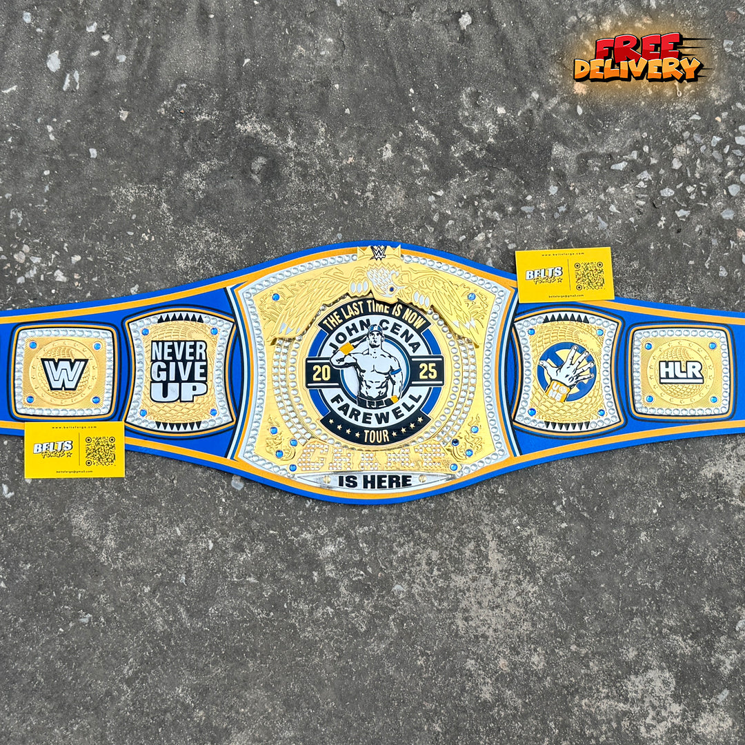 John Cena Farewell Tour 2025 Championship Belt replica hero shot, royal blue real leather strap with gold-plated brass plates front view