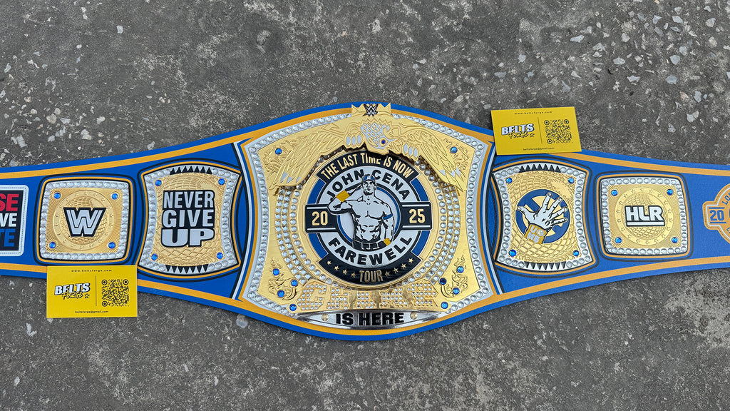 John Cena Farewell Tour LA 2025 Belt full front display view showing all gold-plated brass plates