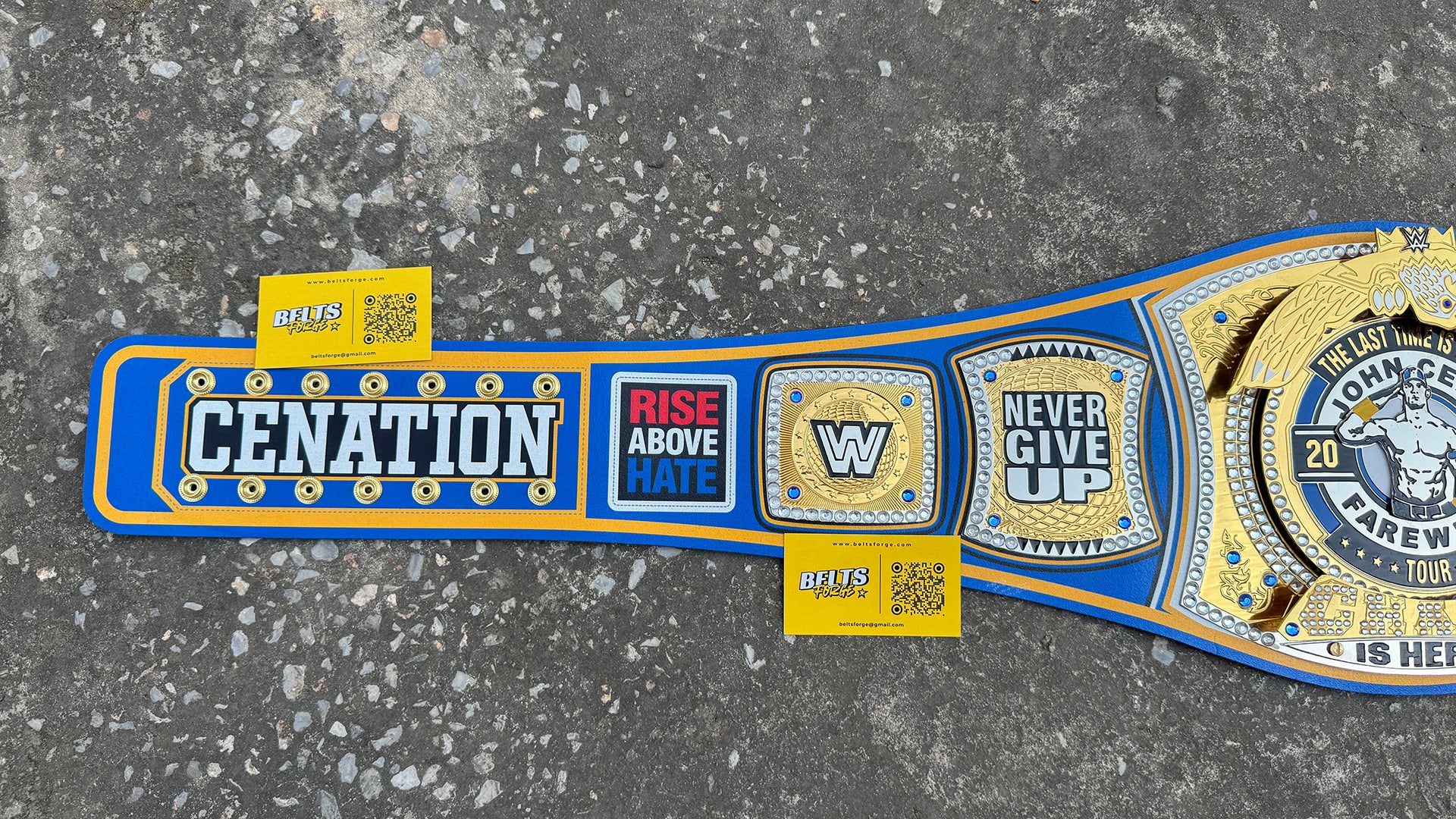 John Cena Farewell Tour LA 2025 Belt left strap showing Cenation Rise Above Hate side plates