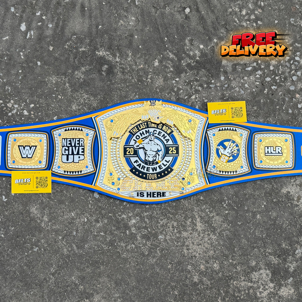 John Cena Farewell Tour LA 2025 Championship Belt promotional front view flat lay by Belts Forge