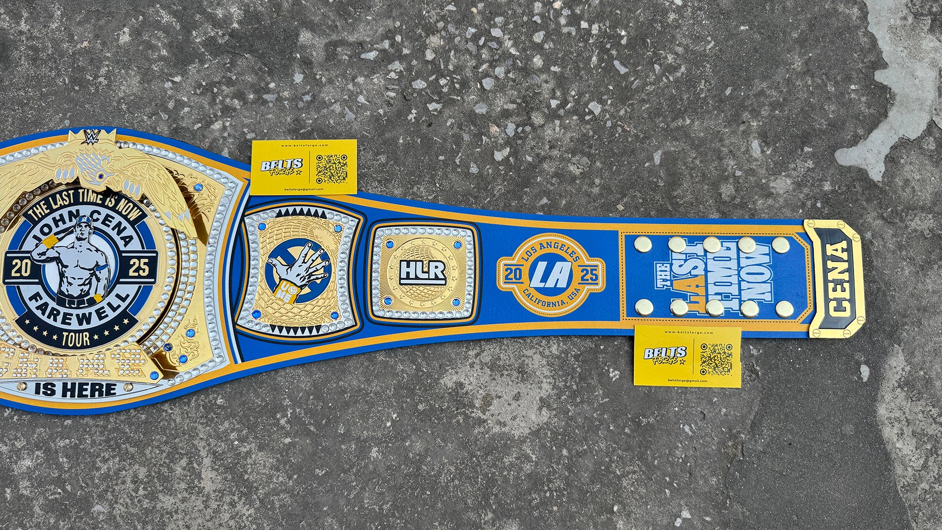 John Cena Farewell Tour LA 2025 Belt right strap showing HLR LA 2025 and Cena buckle detail