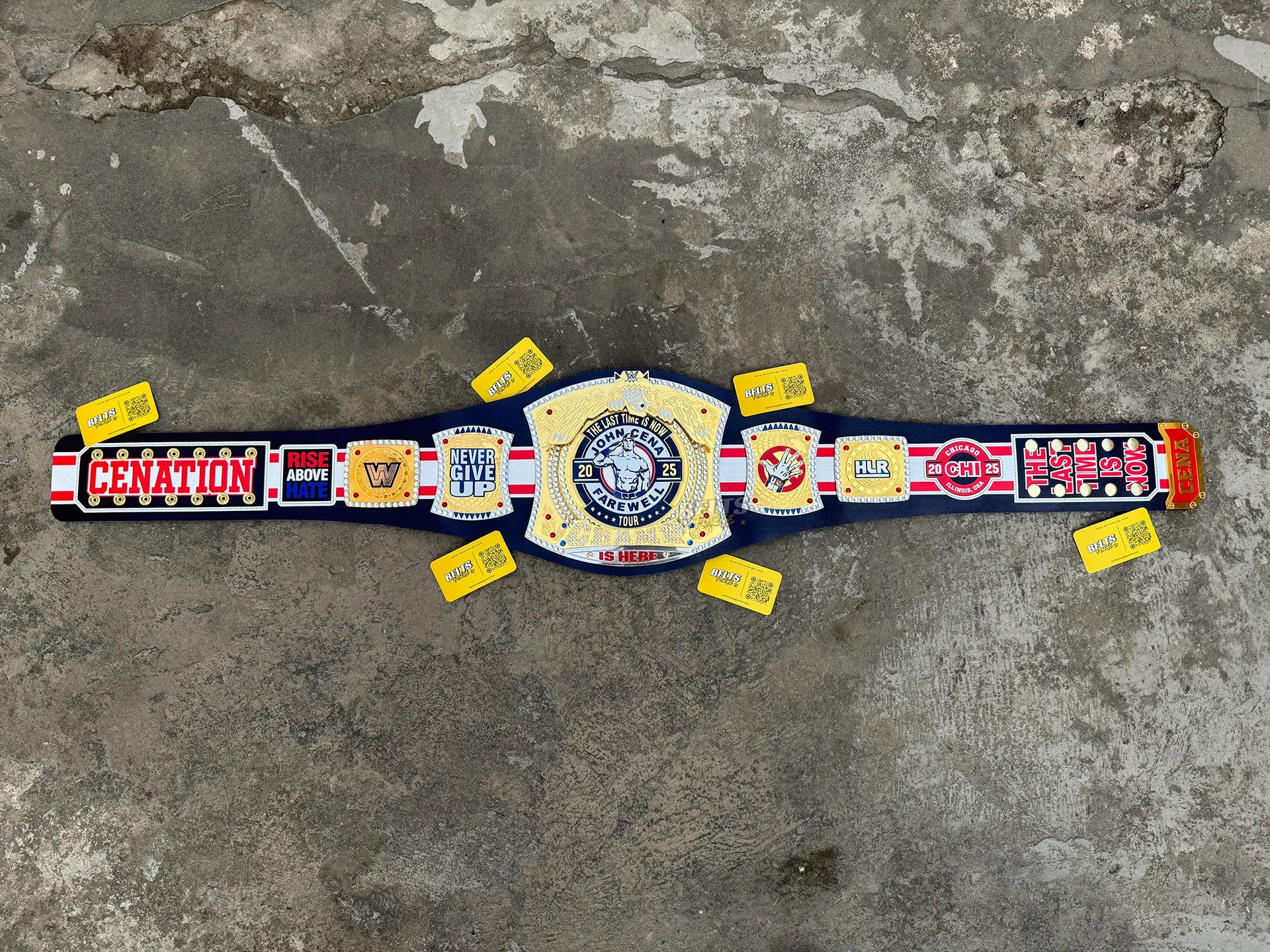John Cena Farewell Tour Chicago 2025 Belt full stretched flat lay from Cenation to Chicago end plate