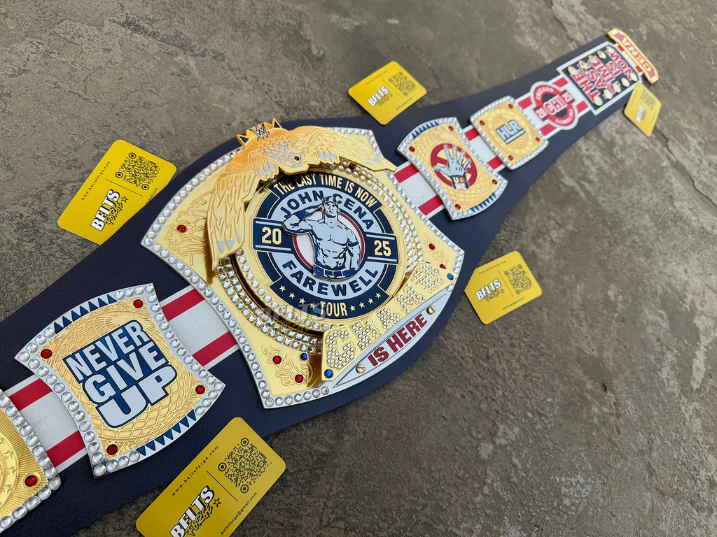 John Cena Farewell Tour Chicago 2025 Belt left angled view showing center plate and Never Give Up strap detail