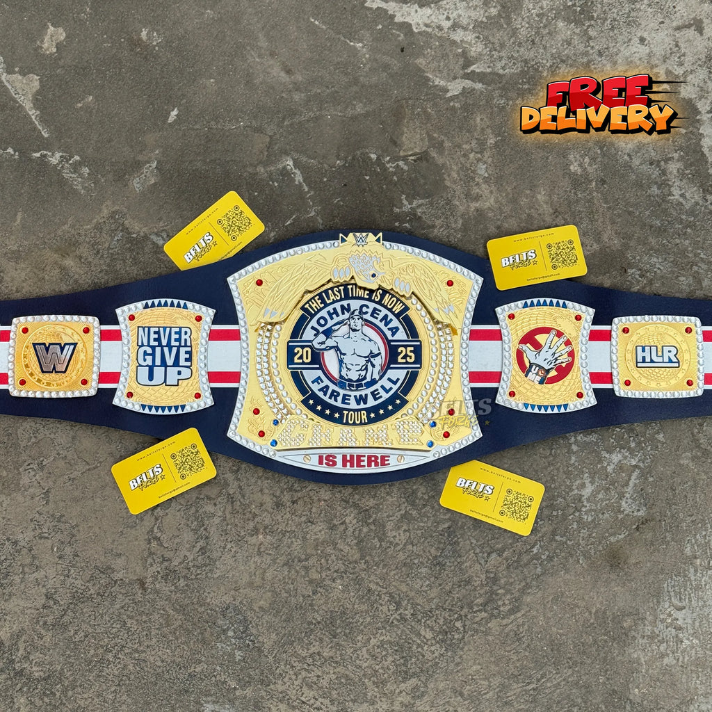 John Cena Farewell Tour Chicago 2025 Championship Belt promotional front view flat lay by Belts Forge