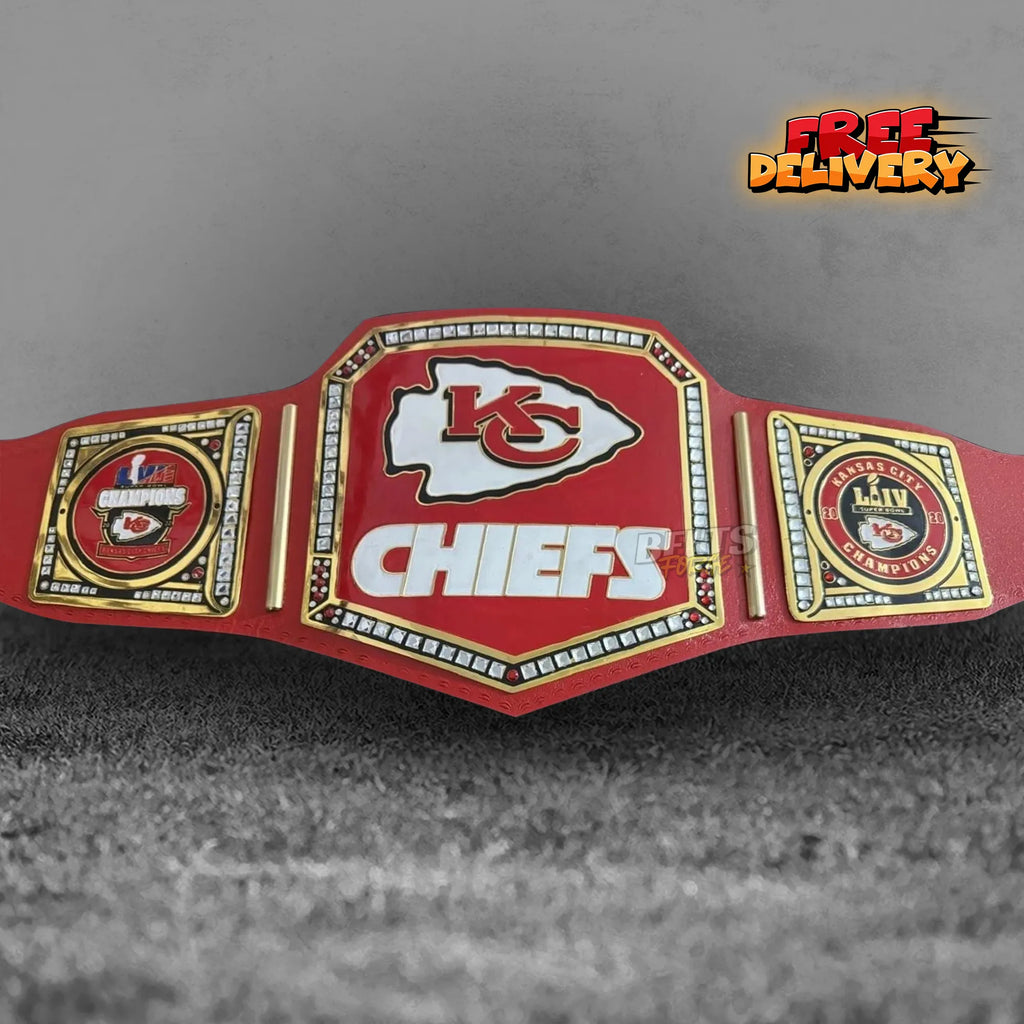 Kansas City Chiefs NFL Championship Belt replica front view, gold-plated brass Chiefs logo main plate on red printed leather strap by Belts Forge
