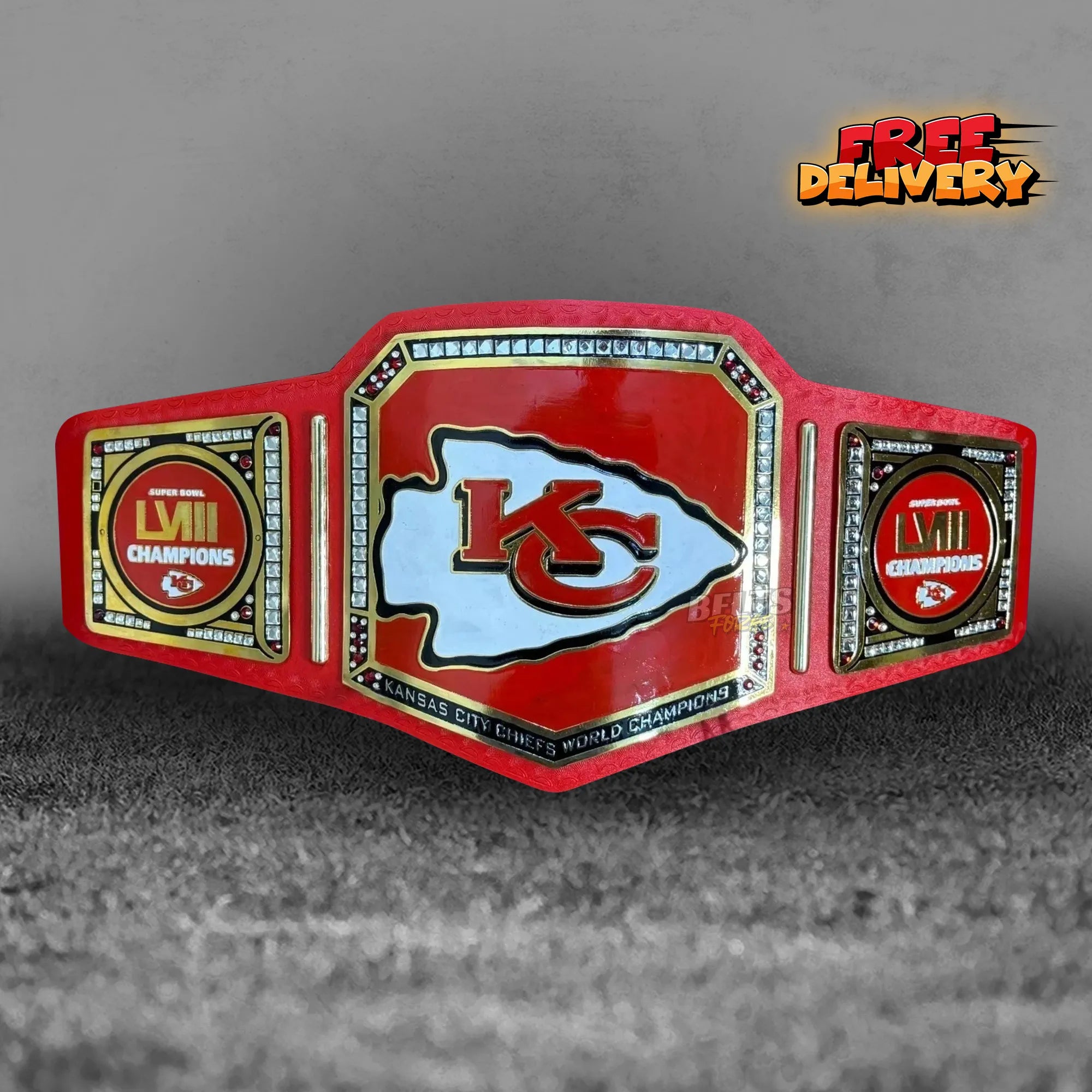 Kansas City Chiefs Super Bowl LVIII Championship Belt replica front view, gold-plated brass Chiefs logo plate on red printed leather strap by Belts Forge
