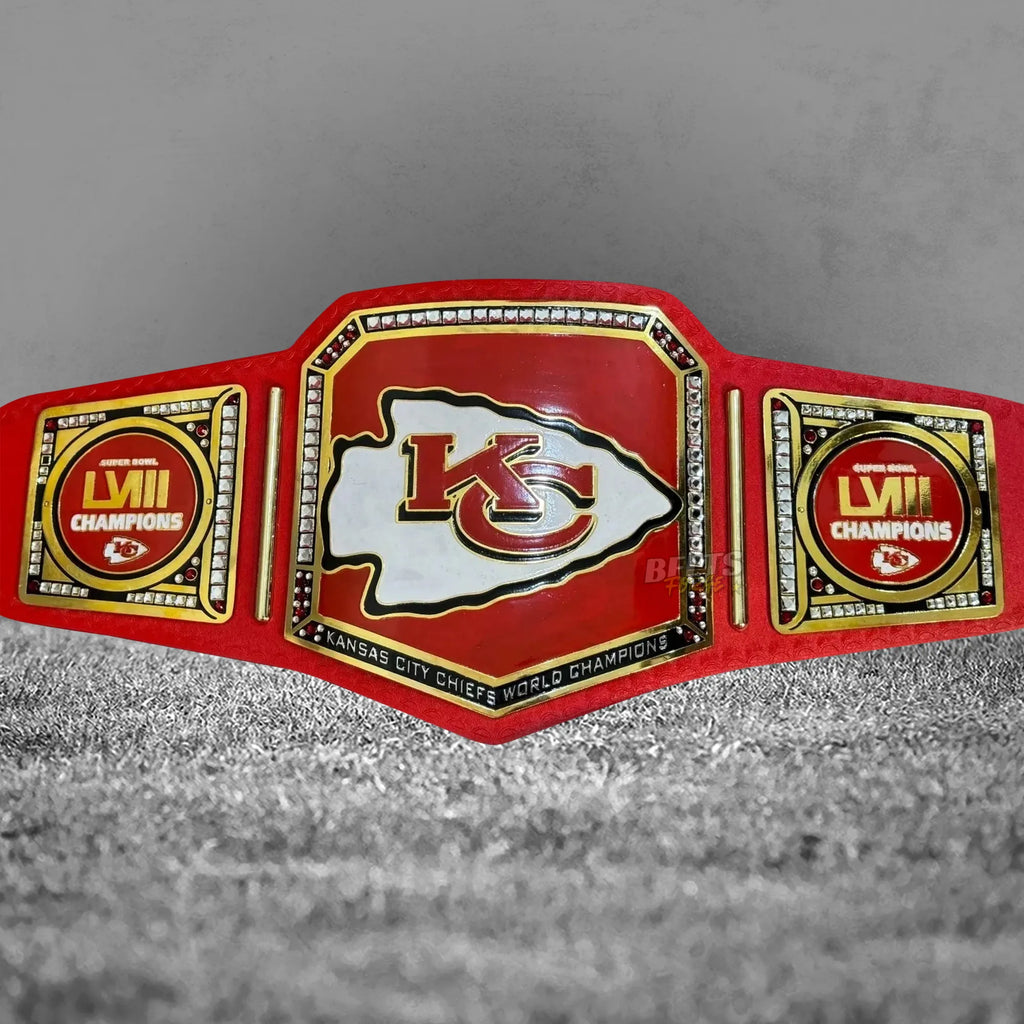 Kansas City Chiefs Super Bowl LVIII Championship Belt full front view showing complete gold-plated brass plates on red printed leather strap