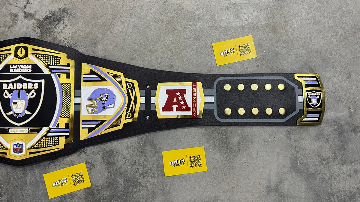 Las Vegas Raiders championship belt right strap showing AFC West gold side plate and printed black leather strap detail