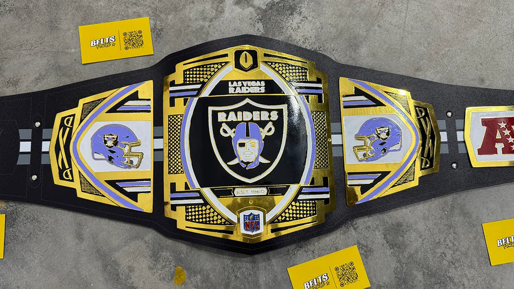 Las Vegas Raiders championship belt center plate close-up, CNC-engraved Raiders shield with Est. 1960 gold brass detailing