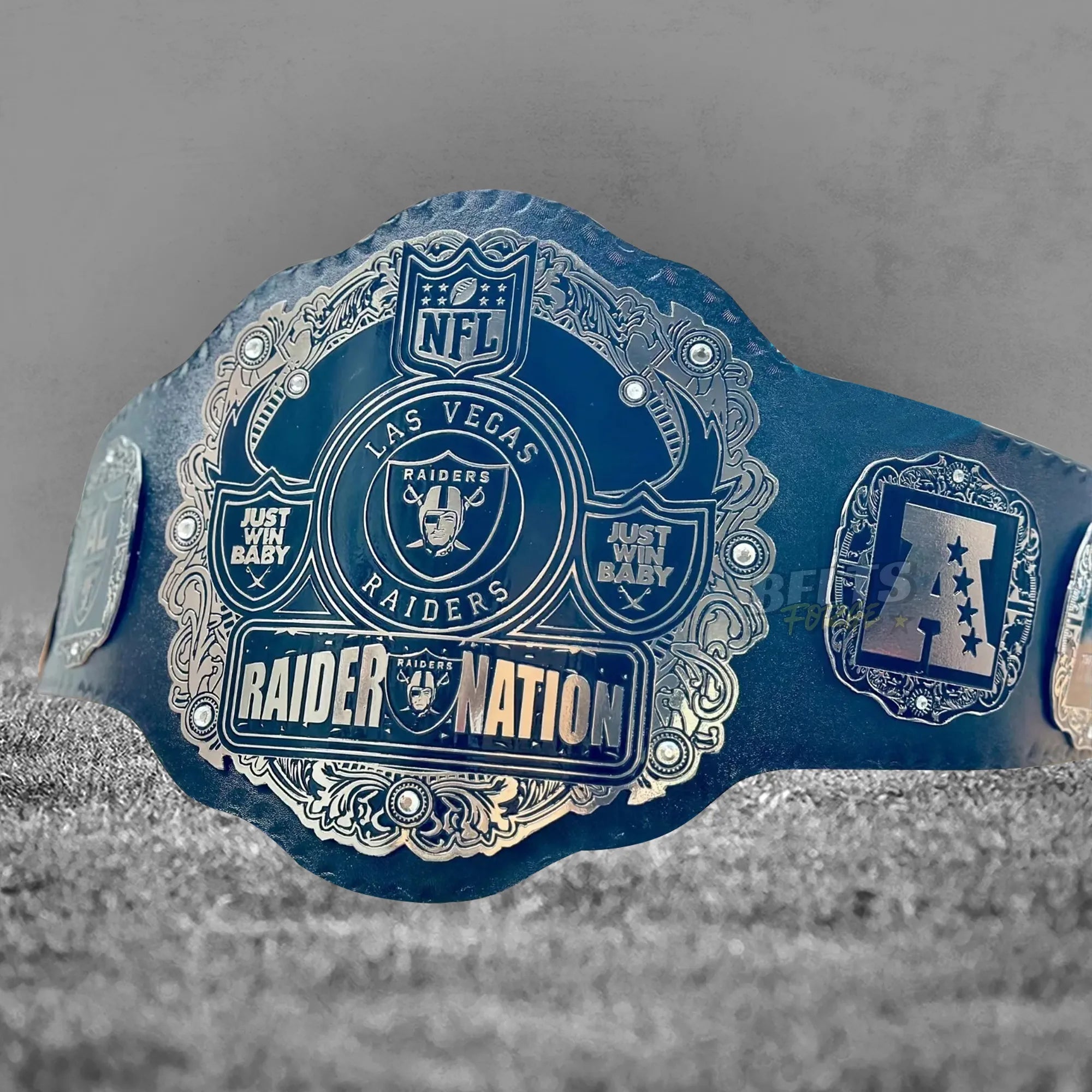 Las Vegas Raiders Championship Belt angled right profile showing center plate and AFC side plate