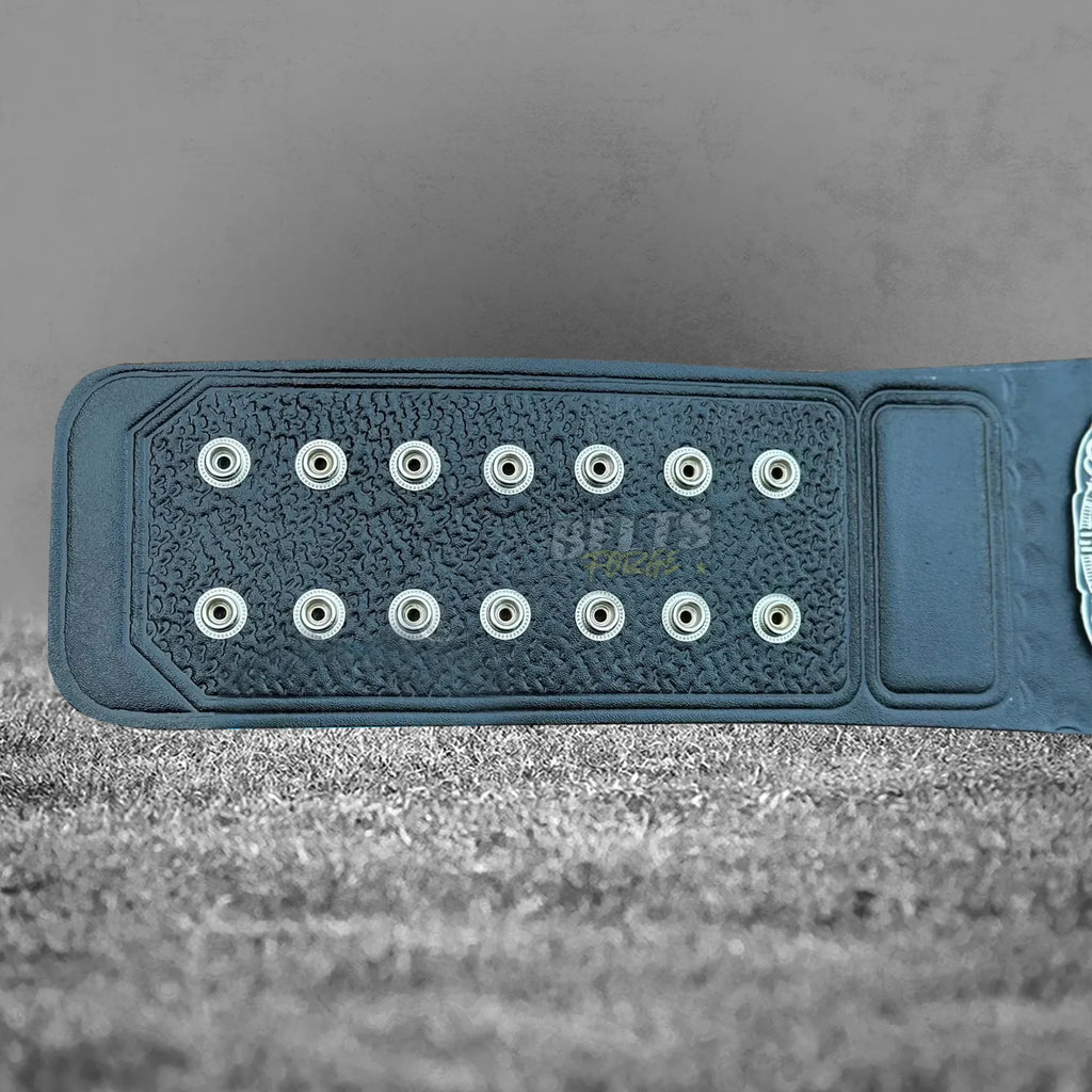 Las Vegas Raiders Championship Belt back strap adjustment holes close up on genuine leather
