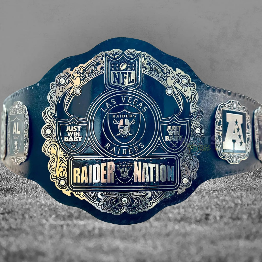 Las Vegas Raiders Championship Belt center plate front close up showing silver finish Raiders design