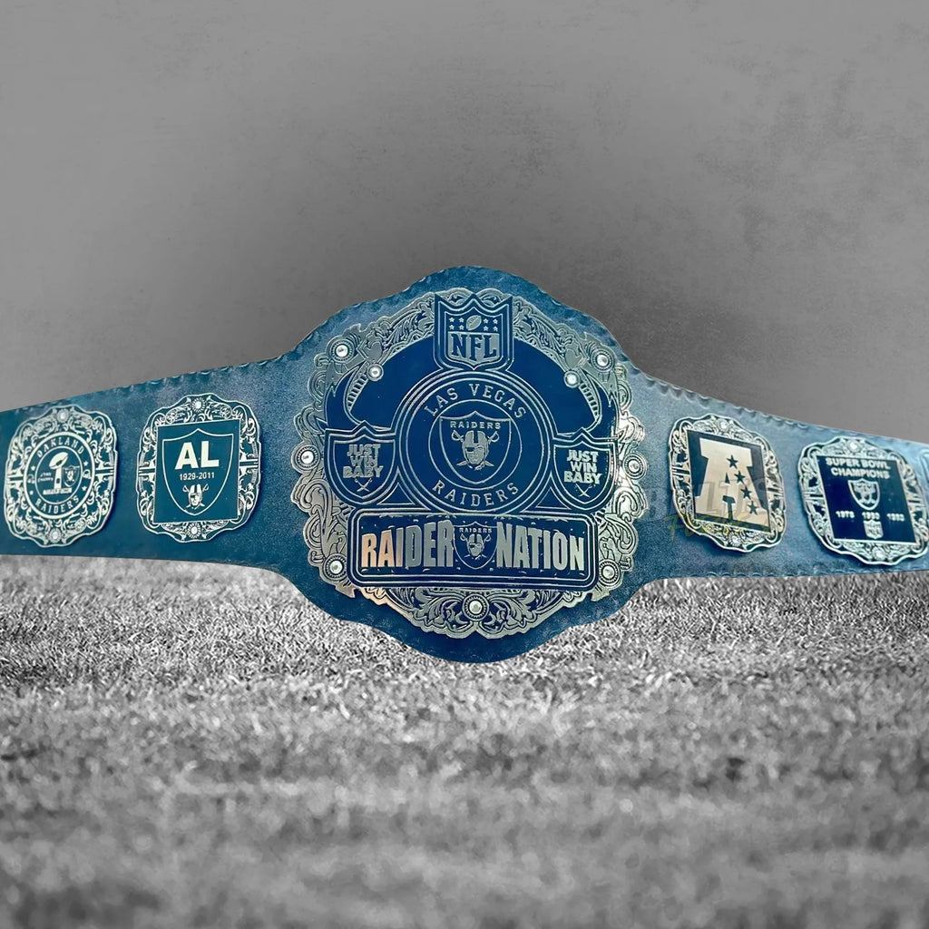 Las Vegas Raiders Championship Belt full flat lay display view showing all silver finish plates