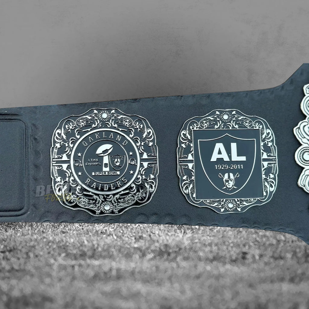 Las Vegas Raiders Championship Belt left side plate showing Oakland and Al Davis tribute design