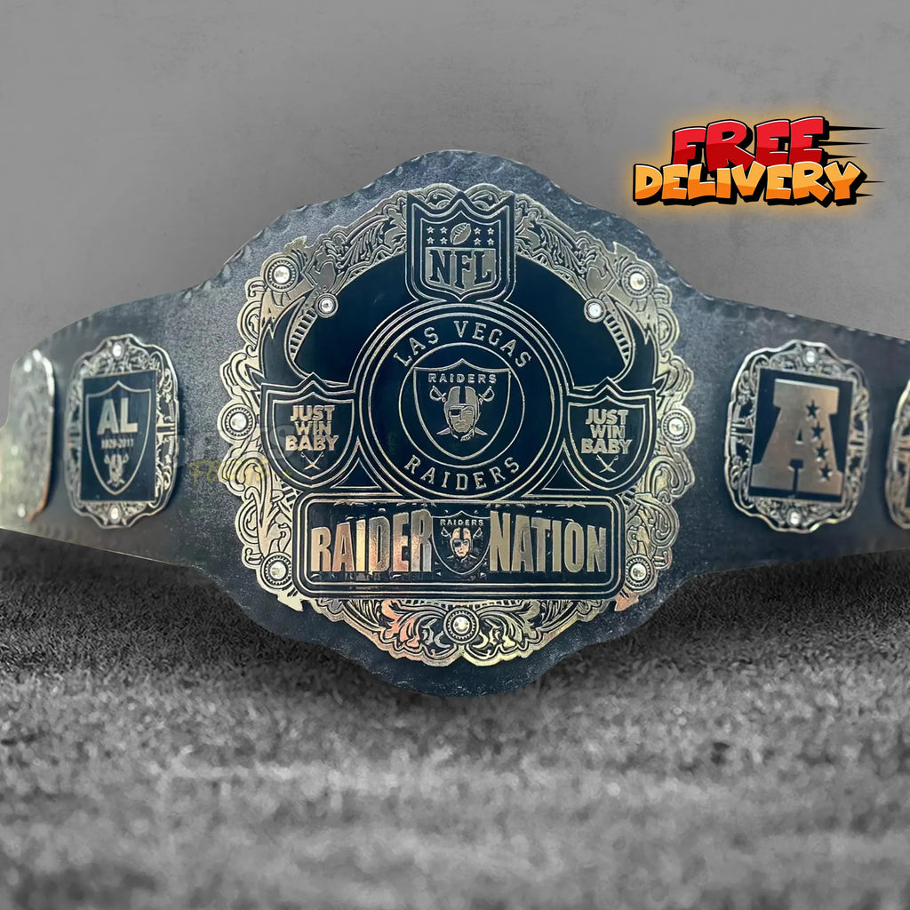 Las Vegas Raiders Raider Nation Championship Belt promotional front view, silver finish plates on genuine leather strap by Belts Forge