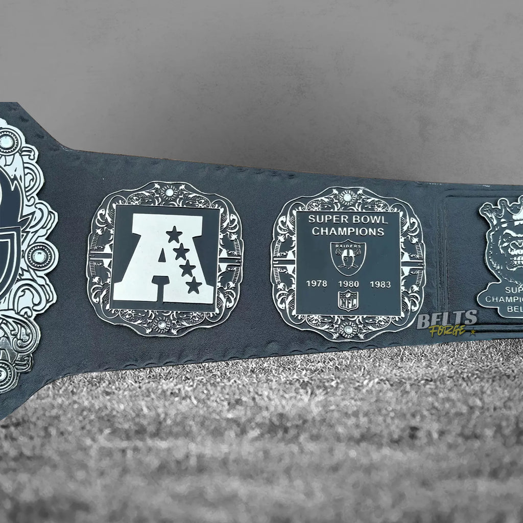 Las Vegas Raiders Championship Belt right side plate showing AFC and Super Bowl years detail close up