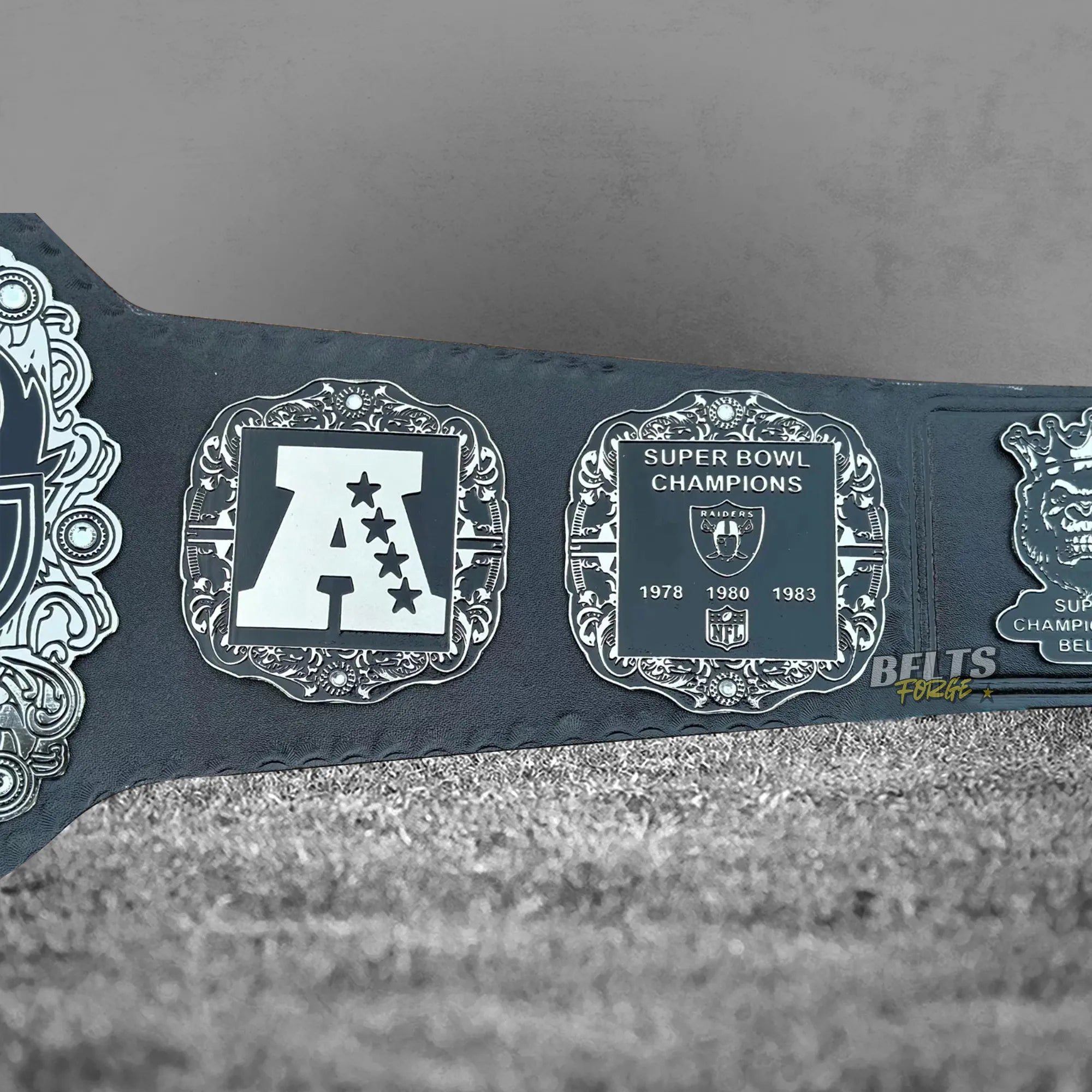 Las Vegas Raiders Championship Belt right side plate showing AFC and Super Bowl years detail close up
