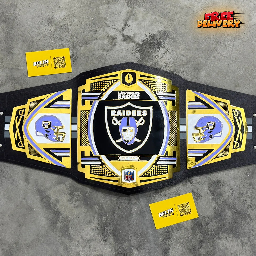 Las Vegas Raiders WWE Legacy Championship Belt replica hero shot, gold-plated brass Raiders shield plates on printed black leather strap