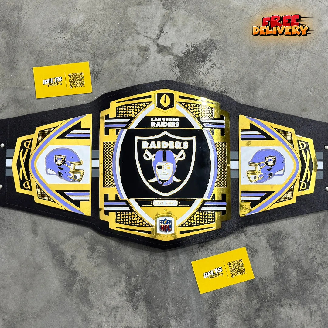 Las Vegas Raiders WWE Legacy Championship Belt replica hero shot, gold-plated brass Raiders shield plates on printed black leather strap